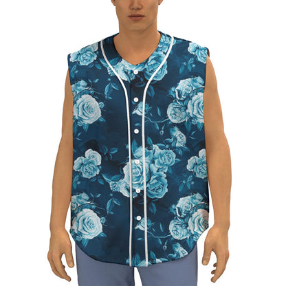 Blue Rose Floral Flower Pattern Print Sleeveless Baseball Jersey