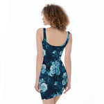 Blue Rose Floral Flower Pattern Print Sleeveless Bodycon Dress