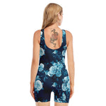 Blue Rose Floral Flower Pattern Print Sleeveless One Piece Swimsuit