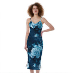 Blue Rose Floral Flower Pattern Print Slim Fit Midi Cami Dress