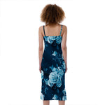 Blue Rose Floral Flower Pattern Print Slim Fit Midi Cami Dress