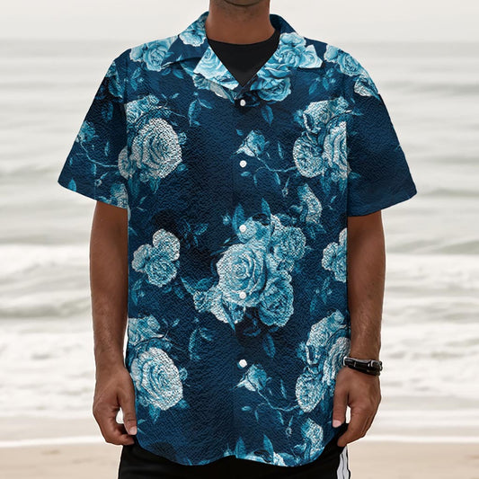 Blue Rose Floral Flower Pattern Print Textured Short Sleeve Shirt