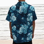 Blue Rose Floral Flower Pattern Print Textured Short Sleeve Shirt