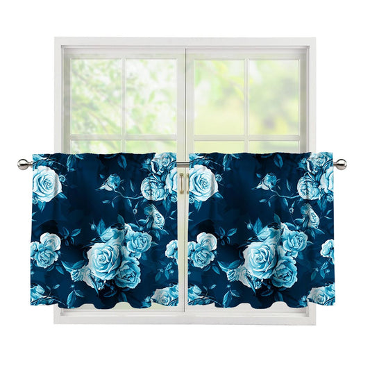 Blue Rose Floral Flower Pattern Print Tier Curtains