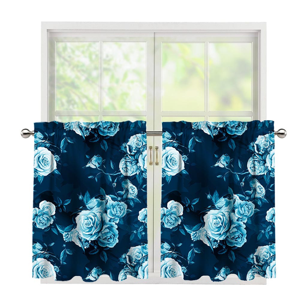 Blue Rose Floral Flower Pattern Print Tier Curtains