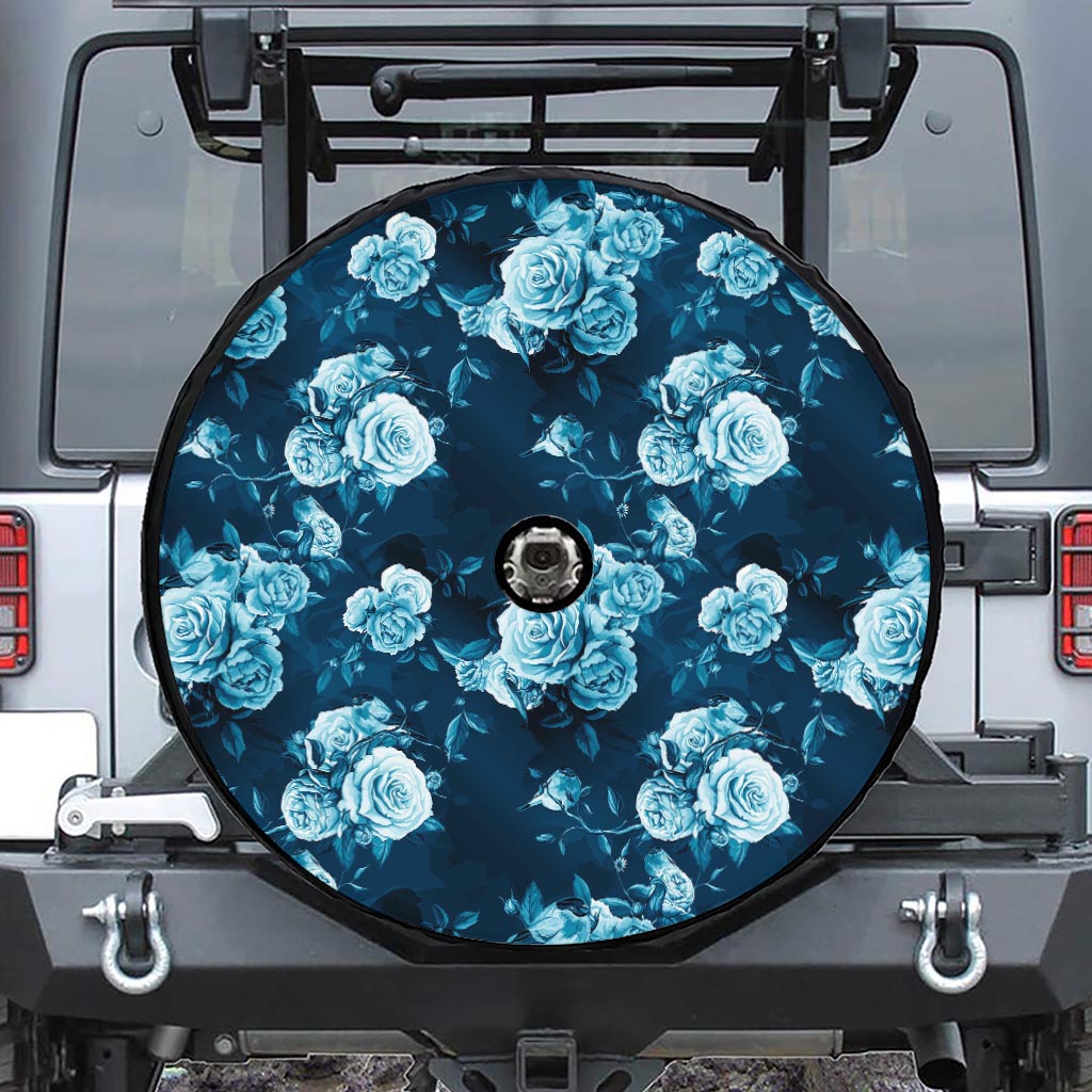 Blue Rose Floral Flower Pattern Print Tire Cover With Camera Hole