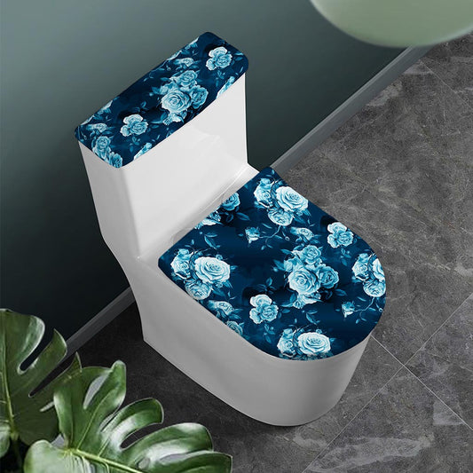 Blue Rose Floral Flower Pattern Print Toilet Lid And Tank Cover Set