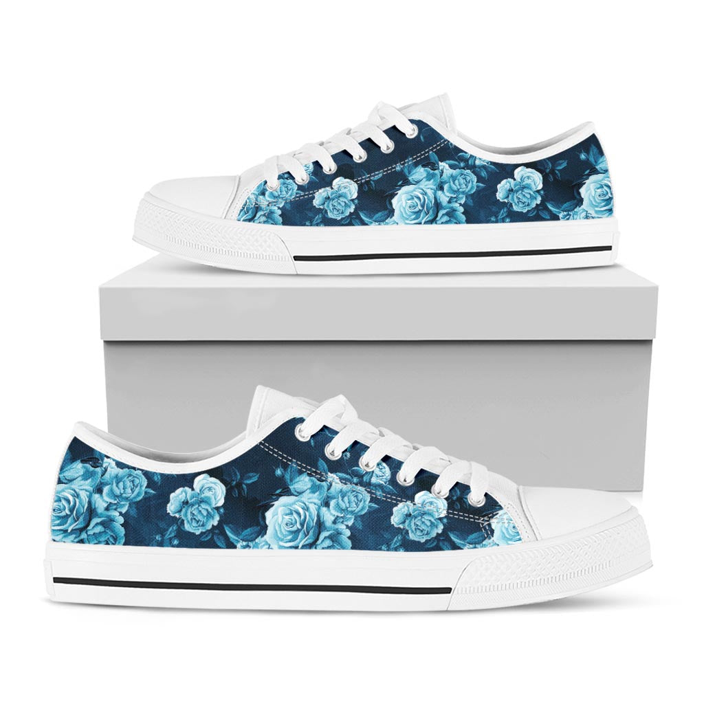Blue Rose Floral Flower Pattern Print White Low Top Sneakers