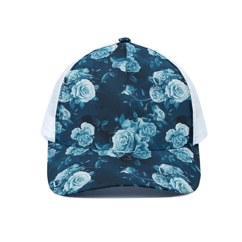 Blue Rose Floral Flower Pattern Print White Mesh Trucker Cap