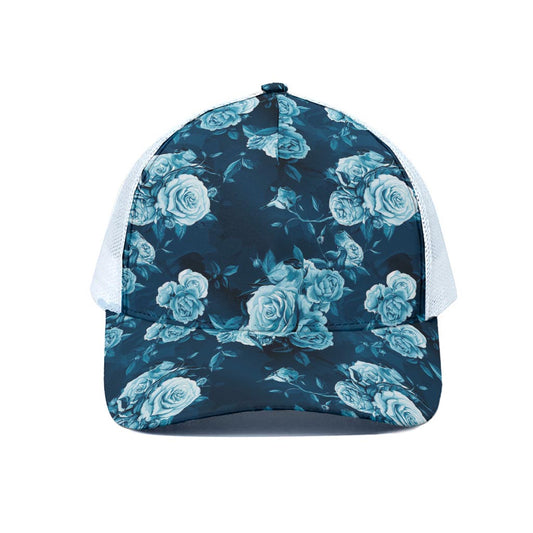 Blue Rose Floral Flower Pattern Print White Mesh Trucker Cap