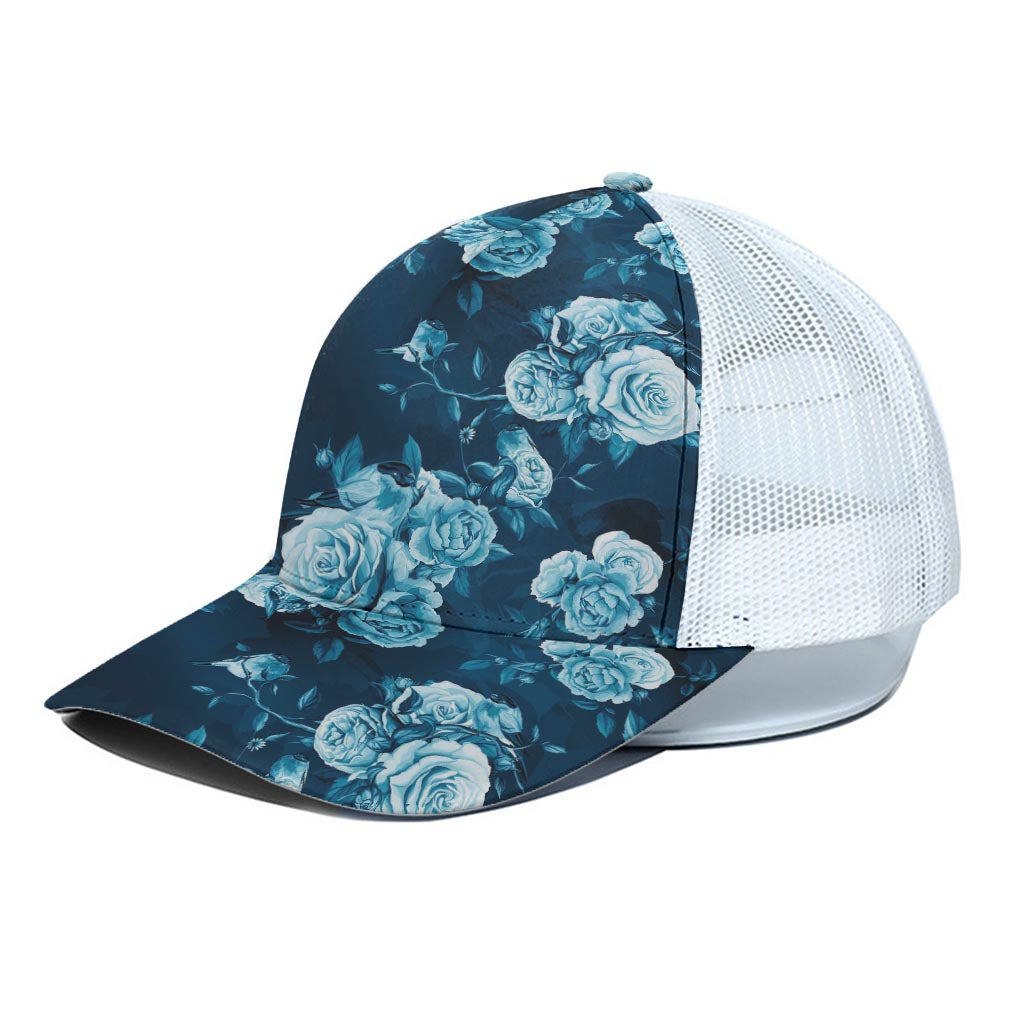 Blue Rose Floral Flower Pattern Print White Mesh Trucker Cap