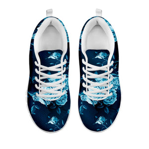 Blue Rose Floral Flower Pattern Print White Running Shoes