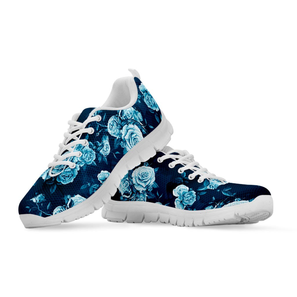 Blue Rose Floral Flower Pattern Print White Running Shoes