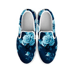 Blue Rose Floral Flower Pattern Print White Slip On Sneakers