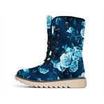 Blue Rose Floral Flower Pattern Print Winter Boots