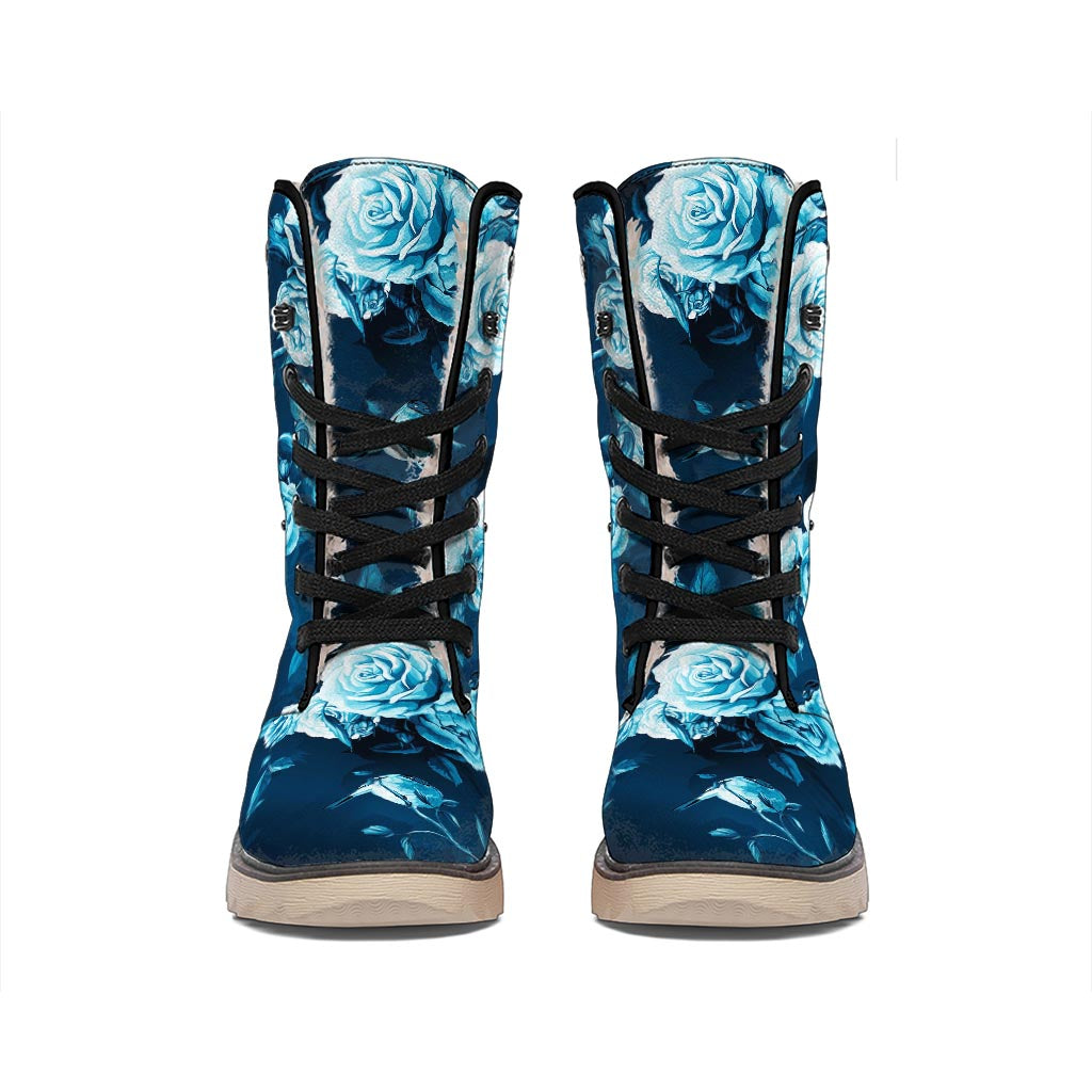 Blue Rose Floral Flower Pattern Print Winter Boots