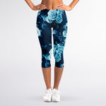 Blue Rose Floral Flower Pattern Print Women's Capri Leggings
