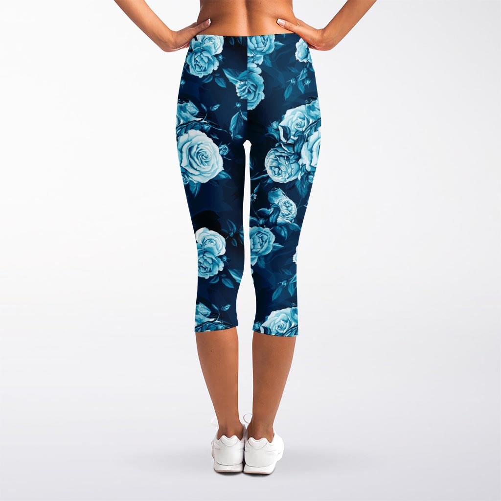 Blue Rose Floral Flower Pattern Print Women's Capri Leggings