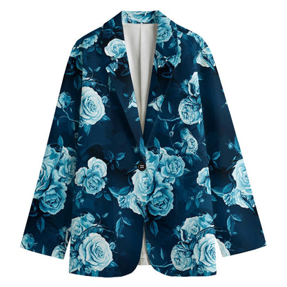 Blue Rose Floral Flower Pattern Print Women's Cotton Blazer