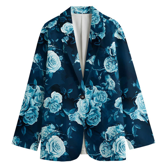 Blue Rose Floral Flower Pattern Print Women's Cotton Blazer