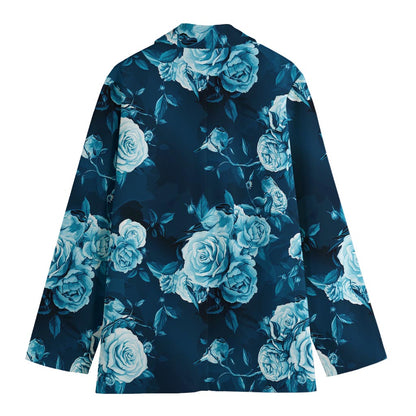 Blue Rose Floral Flower Pattern Print Women's Cotton Blazer