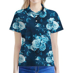Blue Rose Floral Flower Pattern Print Women's Polo Shirt