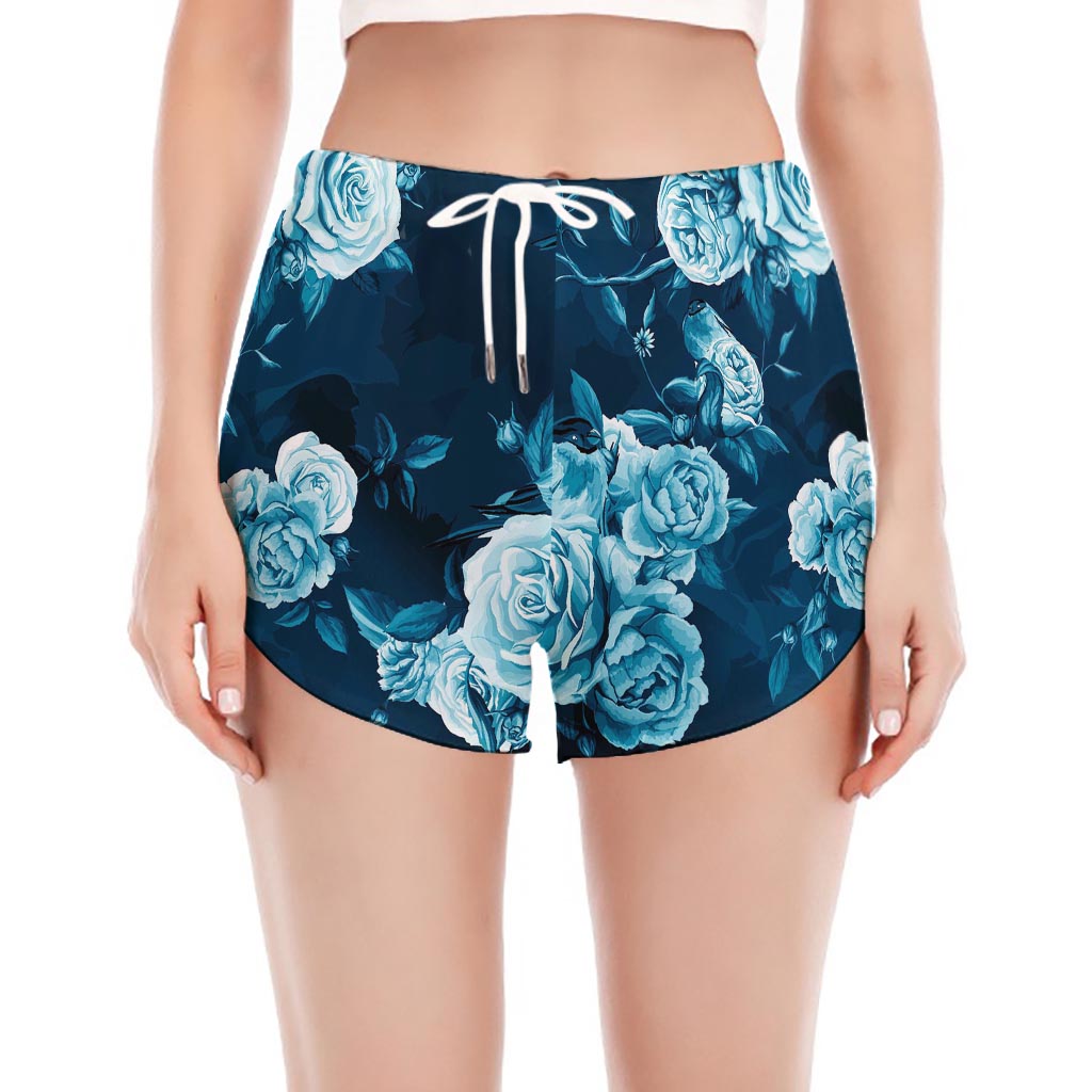 Blue Rose Floral Flower Pattern Print Women's Split Running Shorts