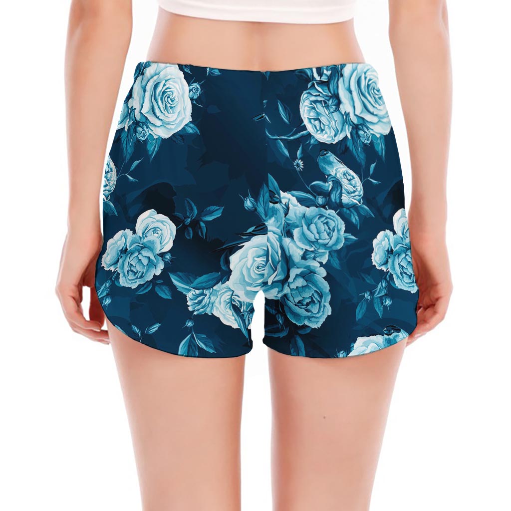 Blue Rose Floral Flower Pattern Print Women's Split Running Shorts
