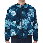 Blue Rose Floral Flower Pattern Print Zip Sleeve Bomber Jacket