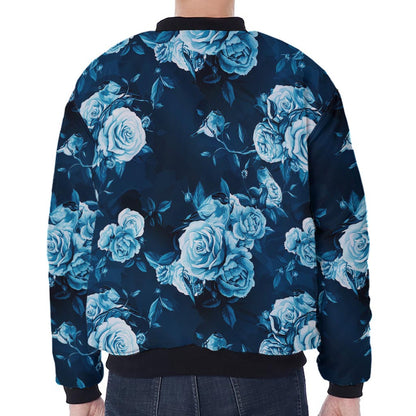 Blue Rose Floral Flower Pattern Print Zip Sleeve Bomber Jacket
