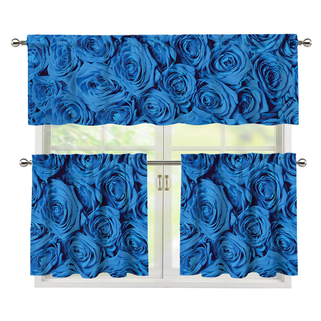 Blue Rose Print 3 Piece Kitchen Curtains