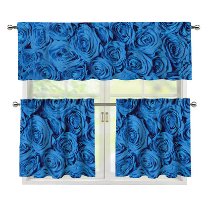 Blue Rose Print 3 Piece Kitchen Curtains