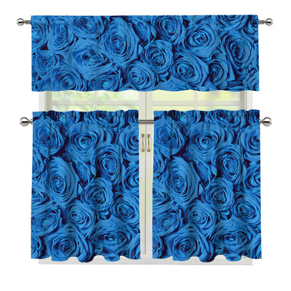 Blue Rose Print 3 Piece Kitchen Curtains