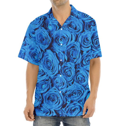 Blue Rose Print Aloha Shirt
