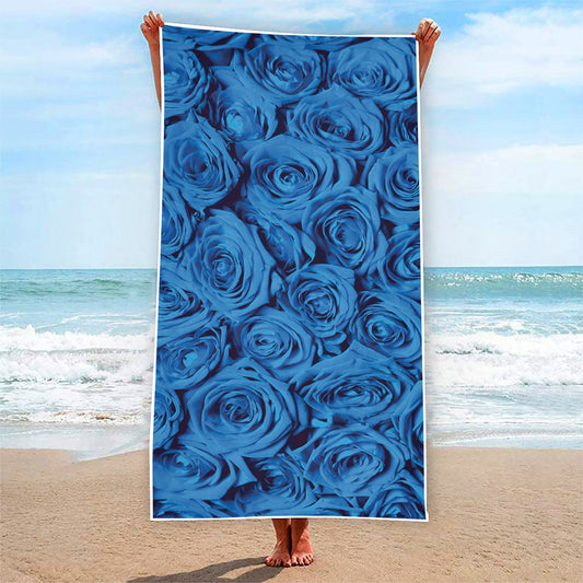 Blue Rose Print Beach Towel
