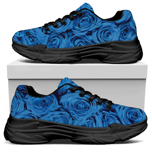Blue Rose Print Black Chunky Shoes