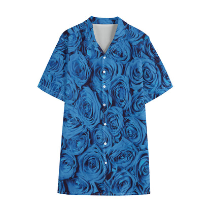 Blue Rose Print Cotton Hawaiian Shirt