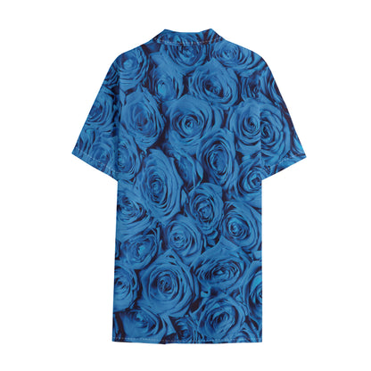 Blue Rose Print Cotton Hawaiian Shirt
