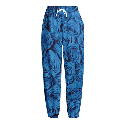 Blue Rose Print Fleece Lined Knit Pants
