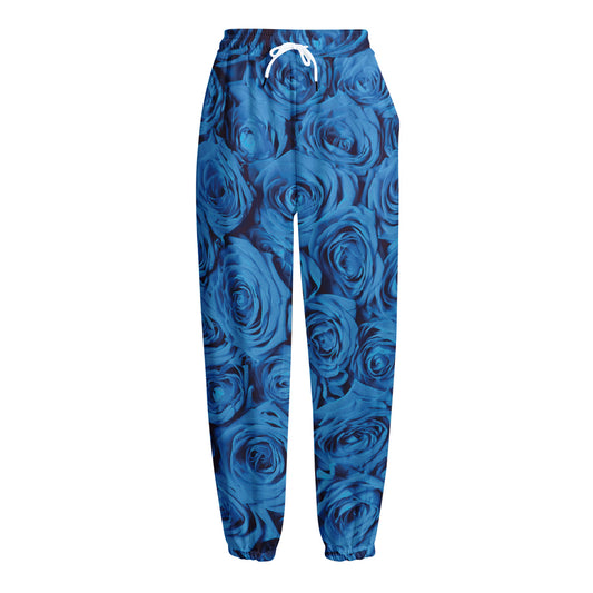 Blue Rose Print Fleece Lined Knit Pants
