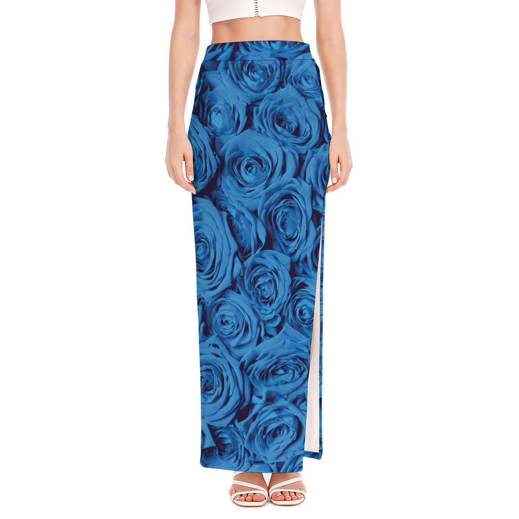 Blue Rose Print High Slit Maxi Skirt