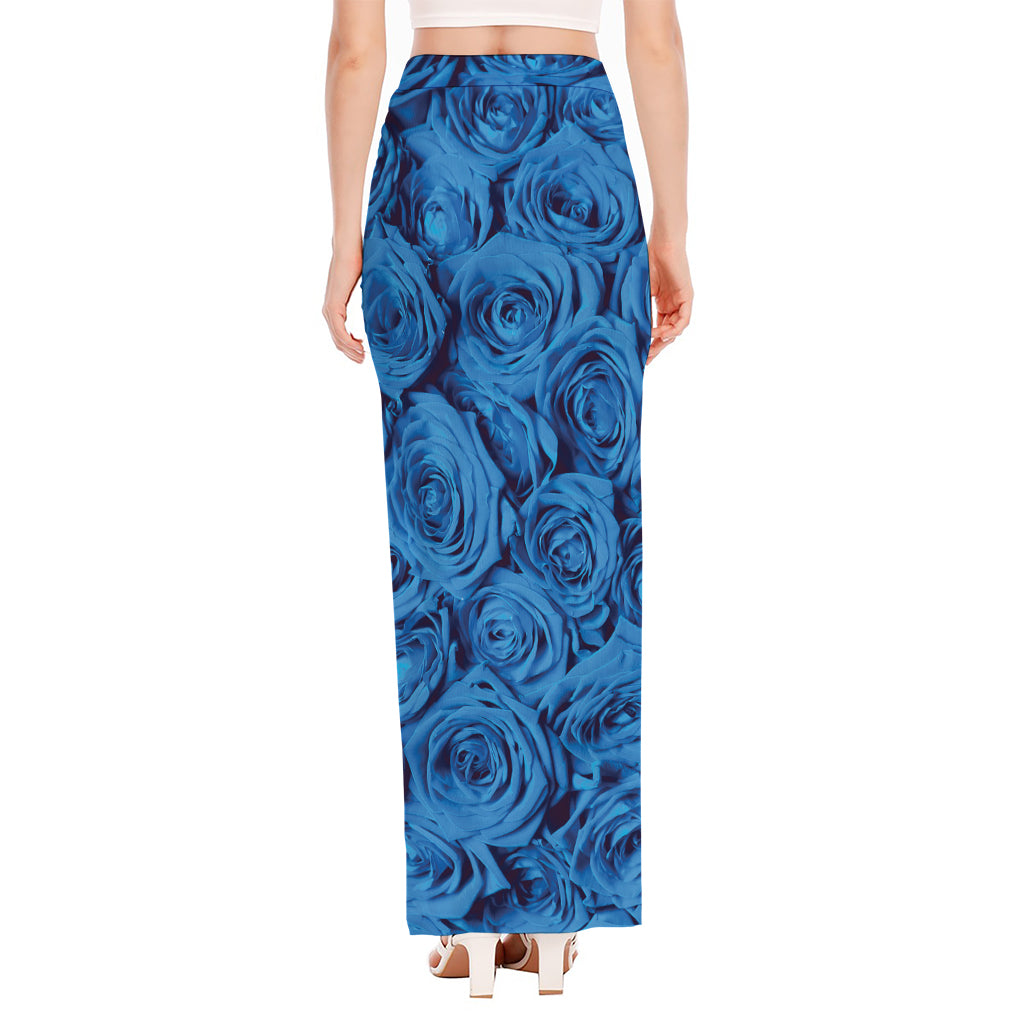 Blue Rose Print High Slit Maxi Skirt