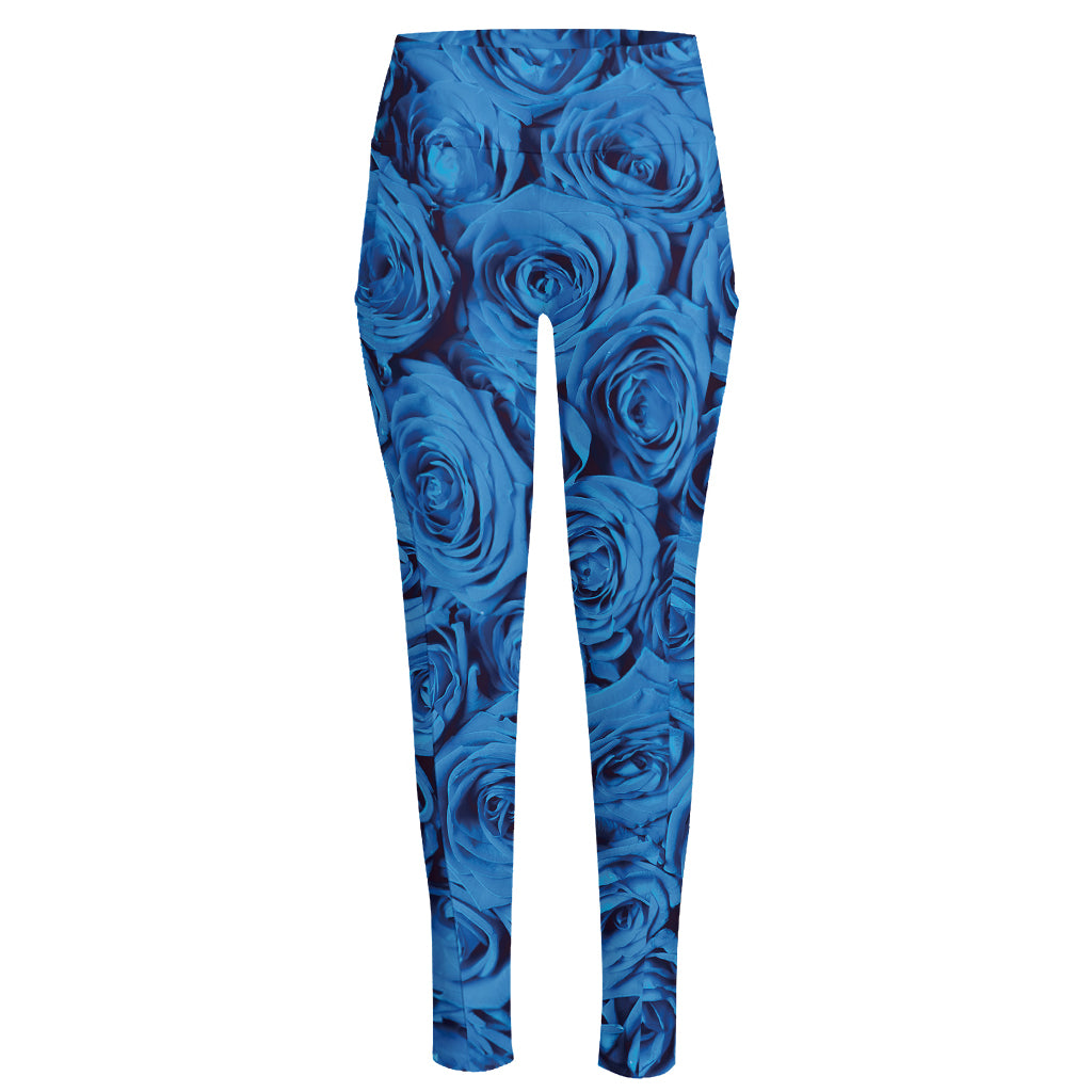 Blue Rose Print High-Waisted Pocket Leggings