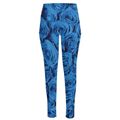 Blue Rose Print High-Waisted Pocket Leggings