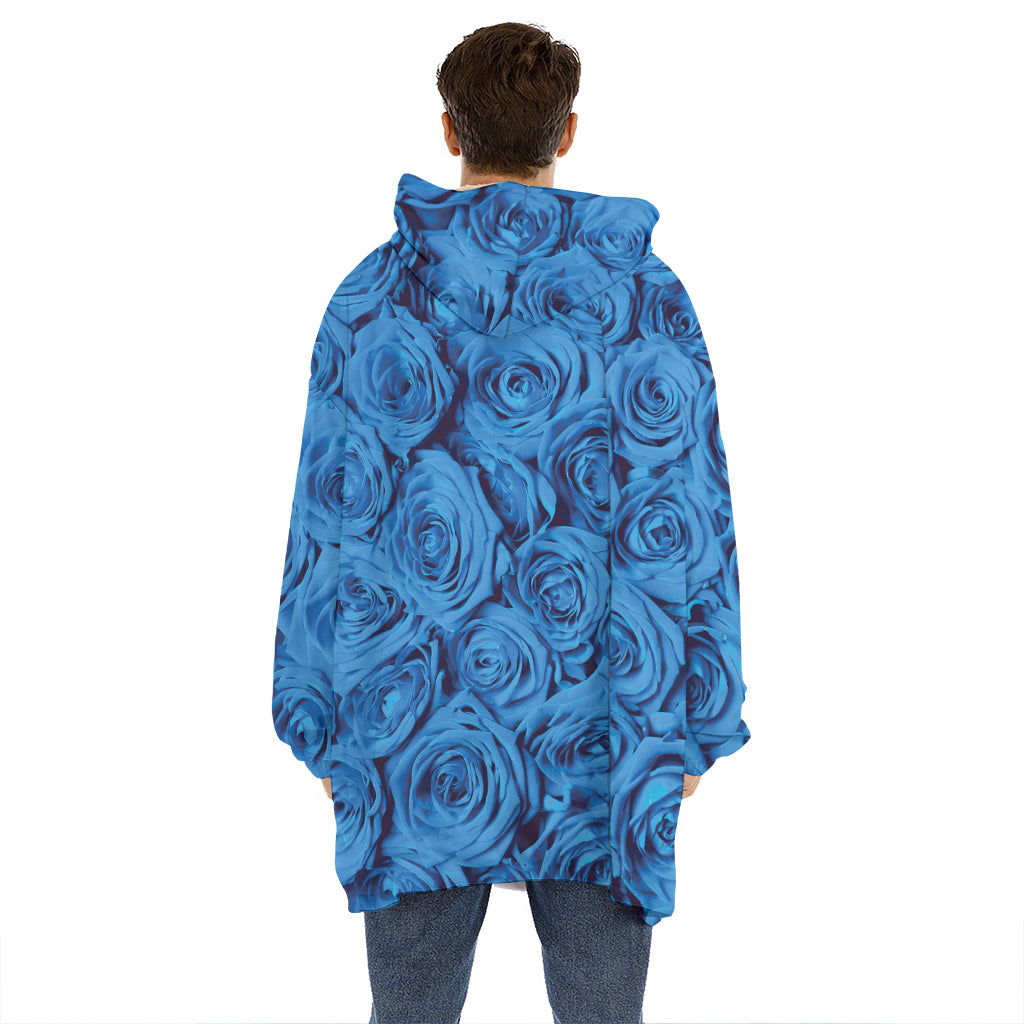 Blue Rose Print Hoodie Blanket