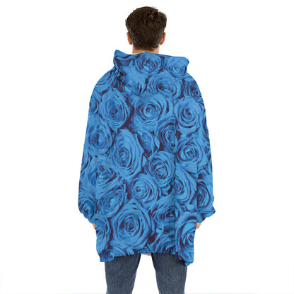 Blue Rose Print Hoodie Blanket