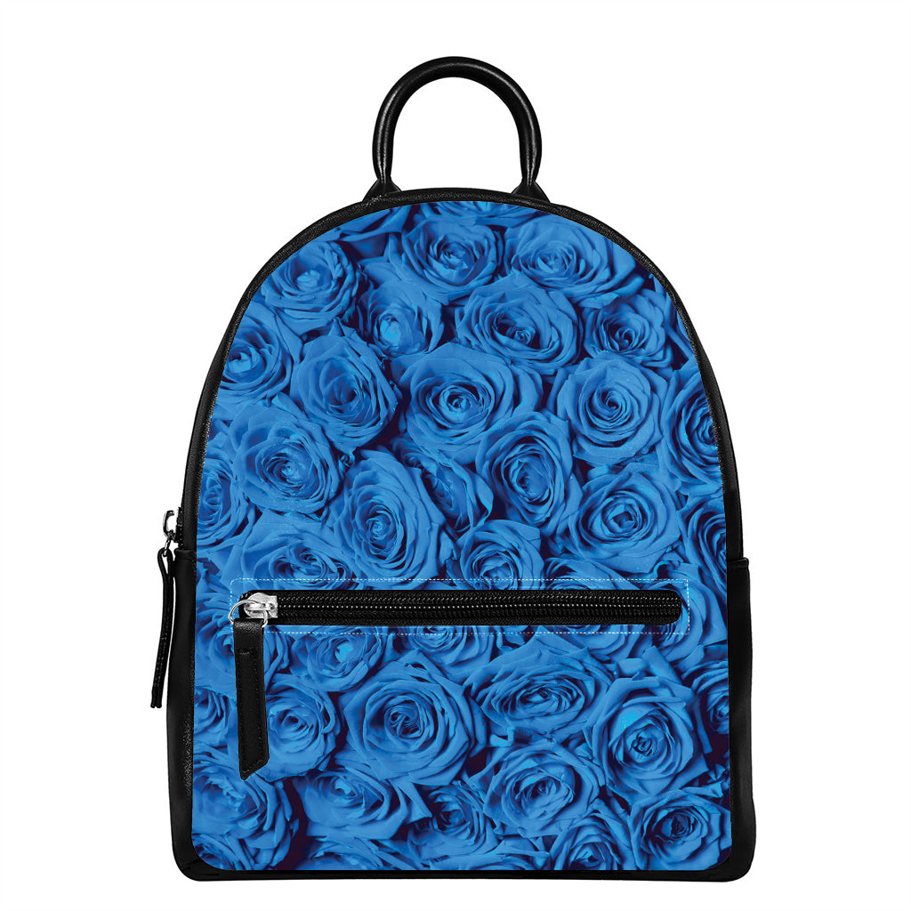 Blue Rose Print Leather Backpack