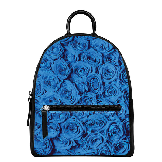 Blue Rose Print Leather Backpack