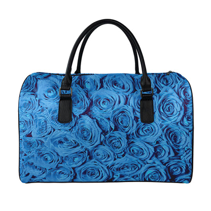 Blue Rose Print Leather Duffle Bag