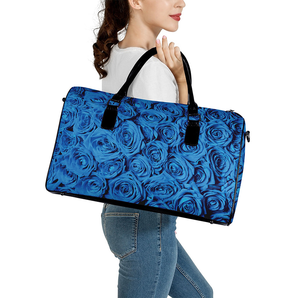 Blue Rose Print Leather Duffle Bag